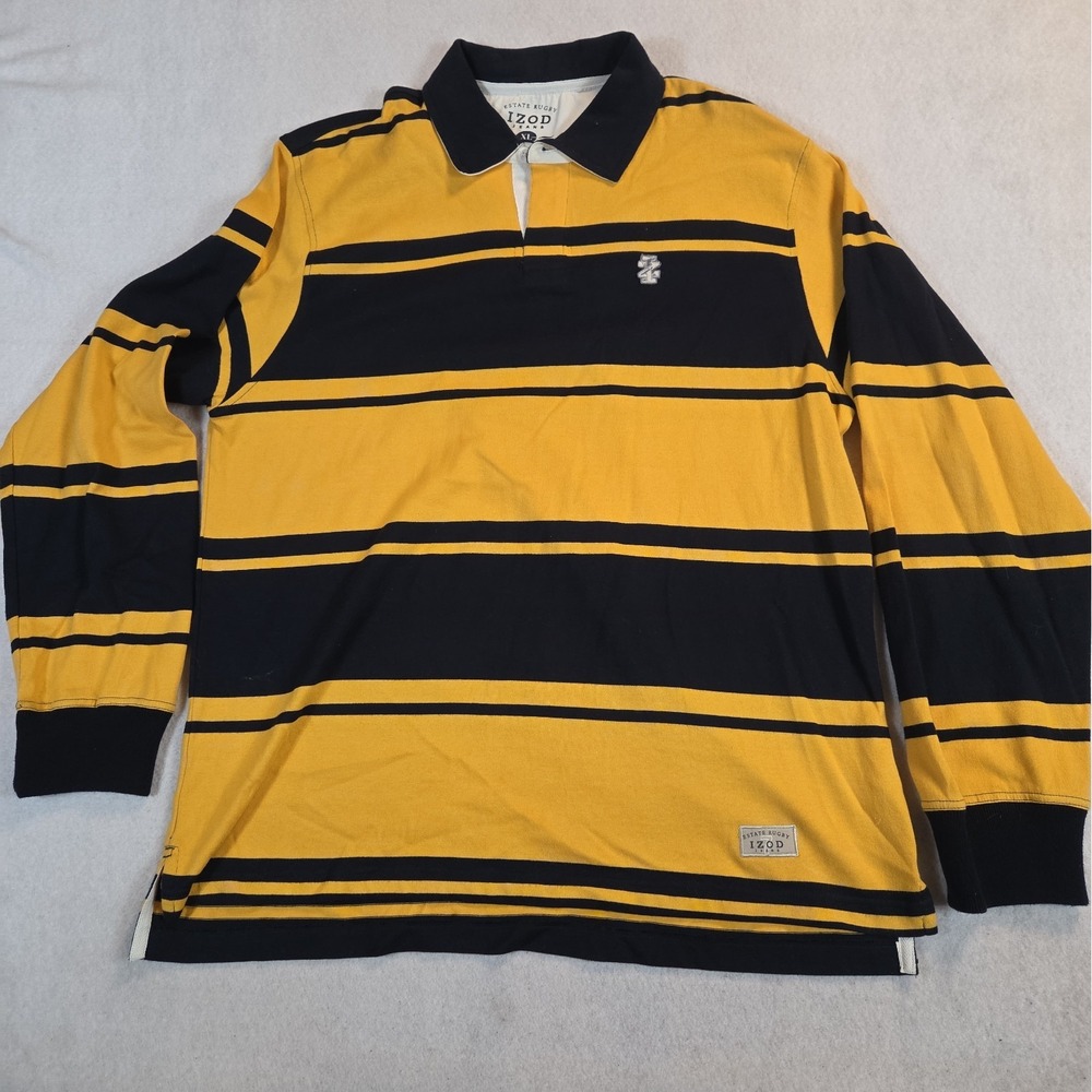 Y2K IZOD Jeans ESTATE Rugby Shirt L/S Black Yellow X-LARGE Indian Cotton VTG